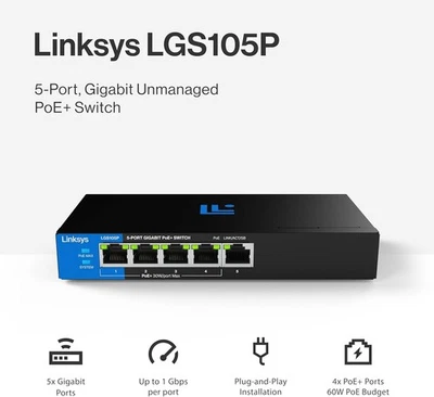 Concentrador de conmutador Gigabit PoE de 5 puertos Linksys LGS105P alimentación a través de Ethernet Reino Unido - Imagen 1 de 4