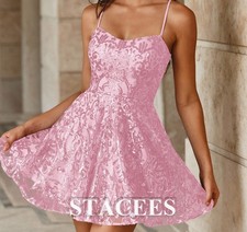 STACEES Candy Pink Sequin Lace Up Mini A-Line Dress US4 Sleeveless Homecoming