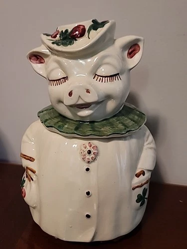 1940's Shawnee Pottery Winnie The Pig Cookie Jar With Clover Leaf Vintage