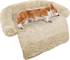 Fluffy Dog Bed Plush Mat for Furniture Protector w/ Washable Cover Medium Beige