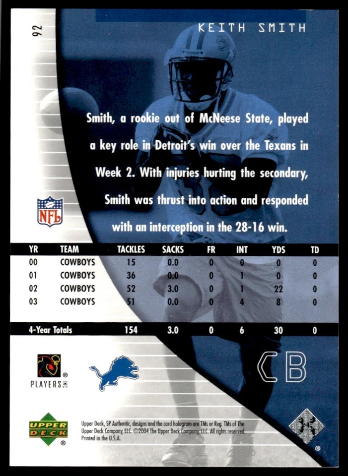 2004 SP Authentic Keith Smith Rookie 0596/1199 Detroit Lions #92 R146 - Image 2 of 2