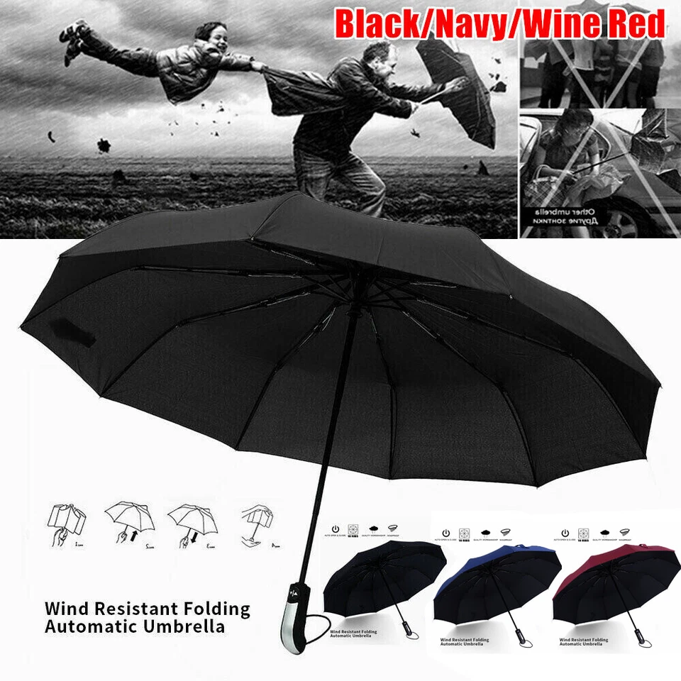 Windproof 10 Ribs Strong Automatic Open Close Umbrella Folding Compact Travel