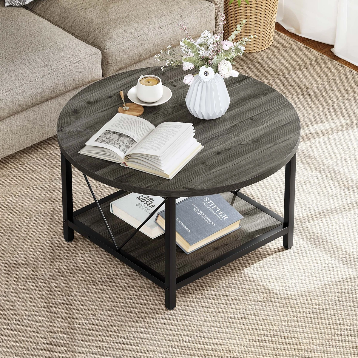 Round Coffee Table Center Coffee with Storage Shelf Table Living