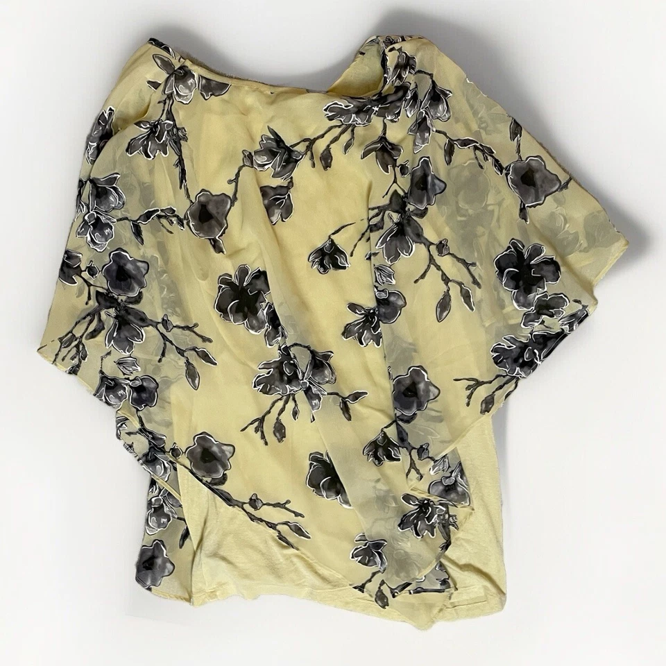 ALYX Flowy Asymmetric Top Sz L Sheer Overlay Yellow Dark Florals Flutter Sleeves - Image 2 of 4