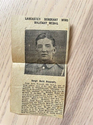 Erster Weltkrieg 1916 Lancaster Zeitungsausschnitt - Militärmedaille für Sergeant. Foxcroft R.F.A.