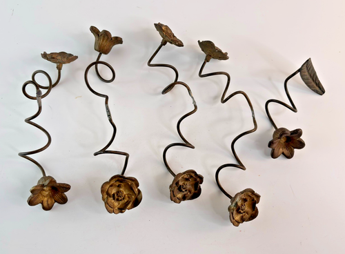 5 Vintage Antique Flower on Wire Hardware Curtain Tiebacks Gold Tone