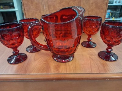 7 piece VIKING GLASS RUBY RED GEORGIAN PITCHER AND 6 GLASS SET.