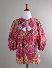 MILLE Resort & Travel $192 Shirred Tassel Vibrant Paisley Blouse Top Size 2XS