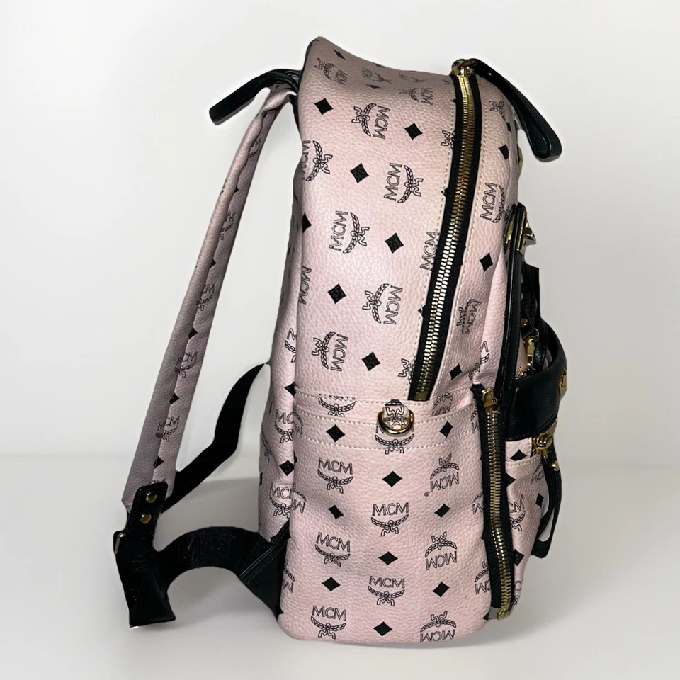 Raro MCM Visetos Tachonado Doble Stark Mochila Bolsa Mujeres Cuero Rosa Suave Dorado  Foto 3 de 4