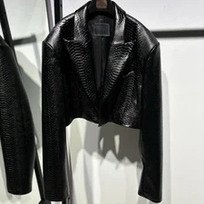 Women’s Black Cropped Python Embossed Leather Jacket Y2K Streetwear Blazer Style