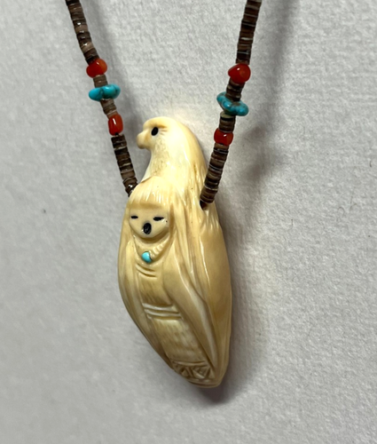 Vintage Quandelacy Zuni Carved Corn Maiden Turquoise & Sterling Silver Necklace - Picture 5 of 19