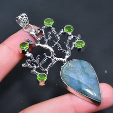 Indian Moss Agate, Peridot Gemstone Jewelry Pendant 3.21" F149