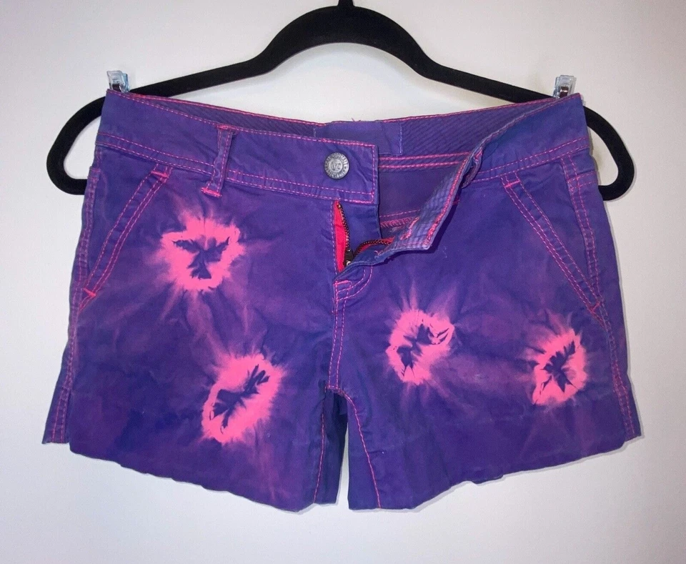 Pantalones Cortos Aeropostale Sarga Tie Dye Rave 28" Púrpura Rosa Tiro Bajo Y2k 4" Entrepierna Foto 2 de 4