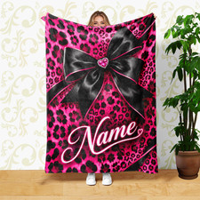 Black Bow Pink Heart Animal Coral Fleece Blanket Custom Name