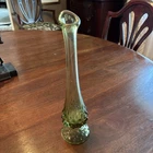 VTG Avocado Green Fenton Hobnail Art Glass  Footed Bud 10” SWUNG VASE 9