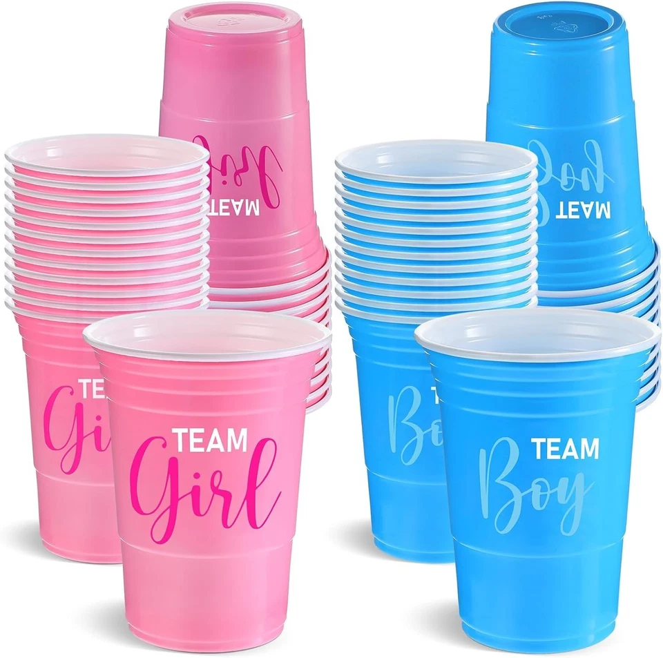 Tazas de plástico desechables de 48 piezas para baby shower de género Foto 3 de 4