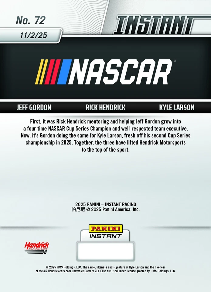 2025 Panini Instant NASCAR #72 Jeff Gordon Rick Hendrick Kyle Larson PRESALE - Image 2 of 2