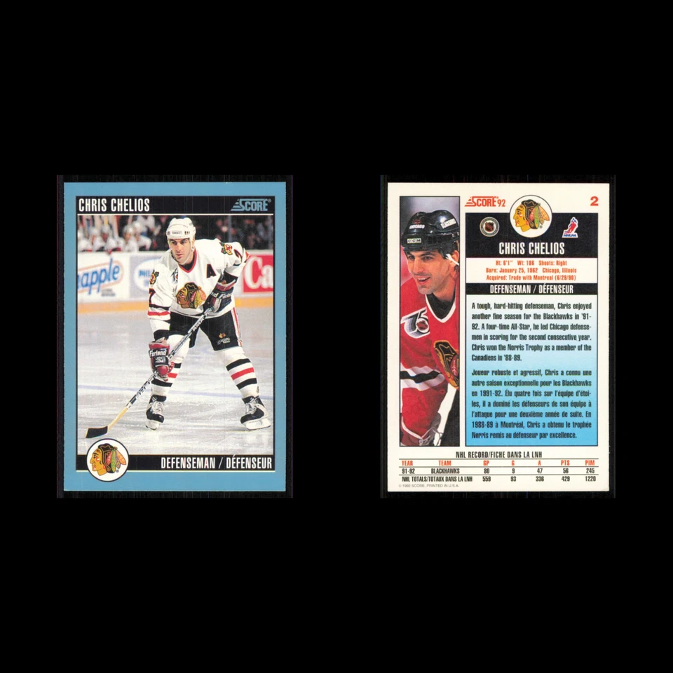 Chris Chelios #2 1992 Score Canadian Chicago Blackhawks Hockey Card NHL NM - Image 3 of 3