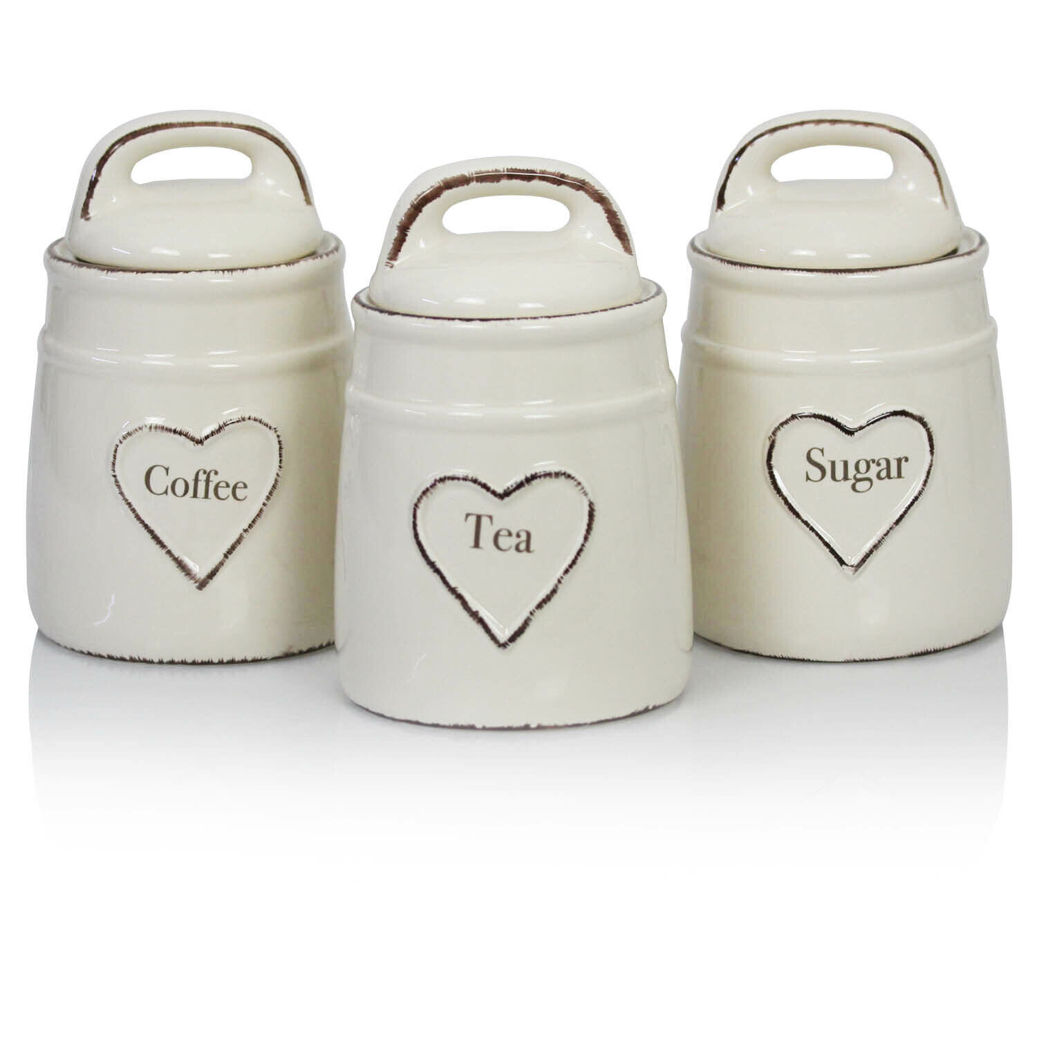 Ceramic White Heart Tea Coffee Sugar Jars 