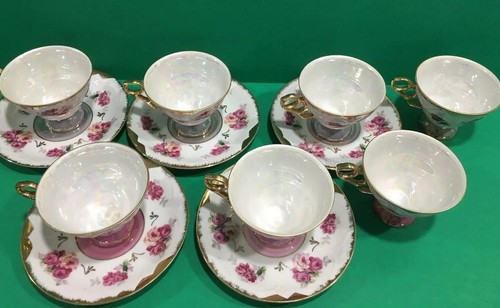 Vintage Royal Halsey Very Fine 7 Teacups & 5 Saucers Iridescent Floral Japan - Picture 5 of 12