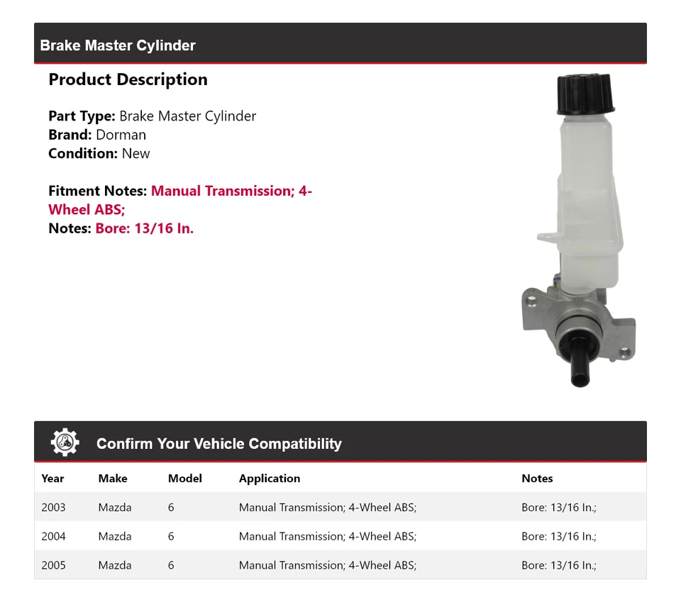 Cilindro maestro de freno para Mazda 6 Dorman 2003-2005 2004 Foto 2 de 4