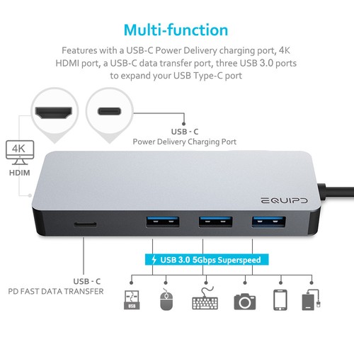 EQUIPD USB C HUB Type-C Adapter 4K HDMI USB 3.0 Charging for Macbook Pro & More - Picture 5 of 26