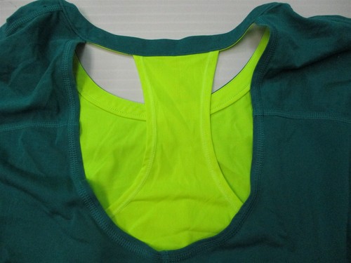 LUCY ACTIVEWEAR Women's Size S Layered Cutout Teal/Neon Yellow Cotton T-Shirt - Picture 6 of 7