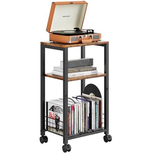 3-Tier Vintage Brown Side Table - Moveable End Table or Record Player Stand