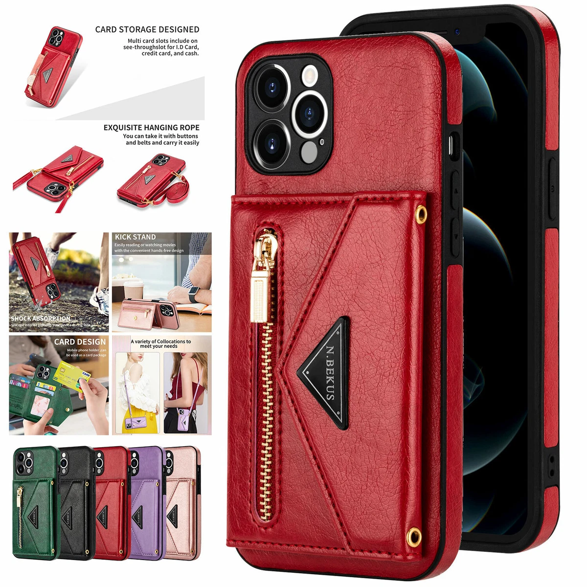 Luxury Wallet Bag Phone Case For iPhone 14 13 12 MINI 11 Pro XR XS Max 6 7  8 Plus Silicone Card Pocket Strap Cover With Lanyard