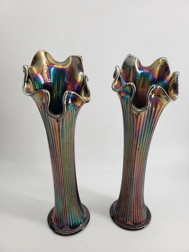 Vintage Fenton Carnival Glass Ribbed Vase Set of 2 Cobalt Blue 10" READ