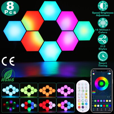 8Pcs Hexagon Light Panels RGBW Splicing Lamps Gaming Light App Remote Decor