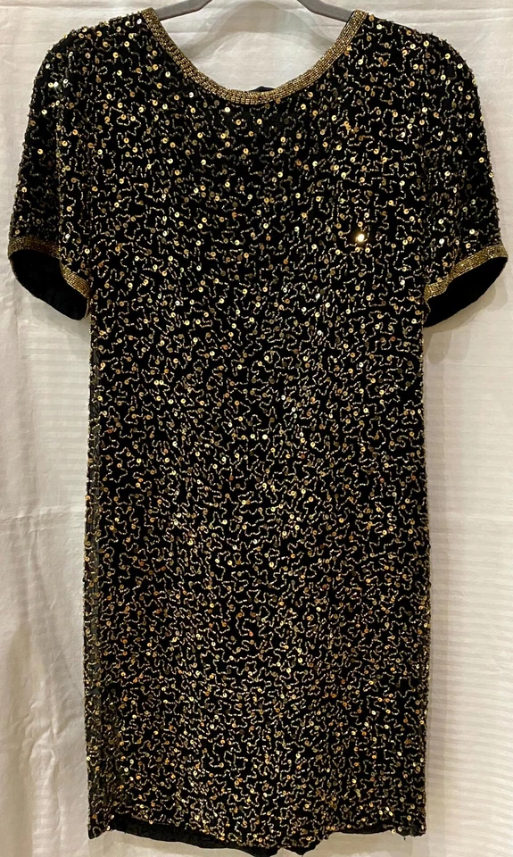 Black Tie Oleg Cassini Womens Black Silk Sequin Beaded Cocktail Mini Dress Sz 10 - Image 3 of 4