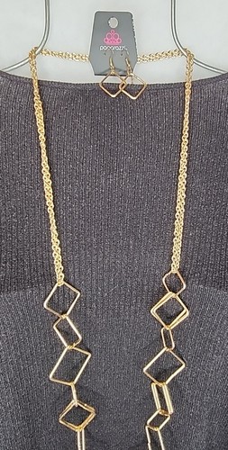 NWT Paparazzi Women's Gold Tone Geometric Chain Necklace With Matching Earrings - Photo 5 sur 8