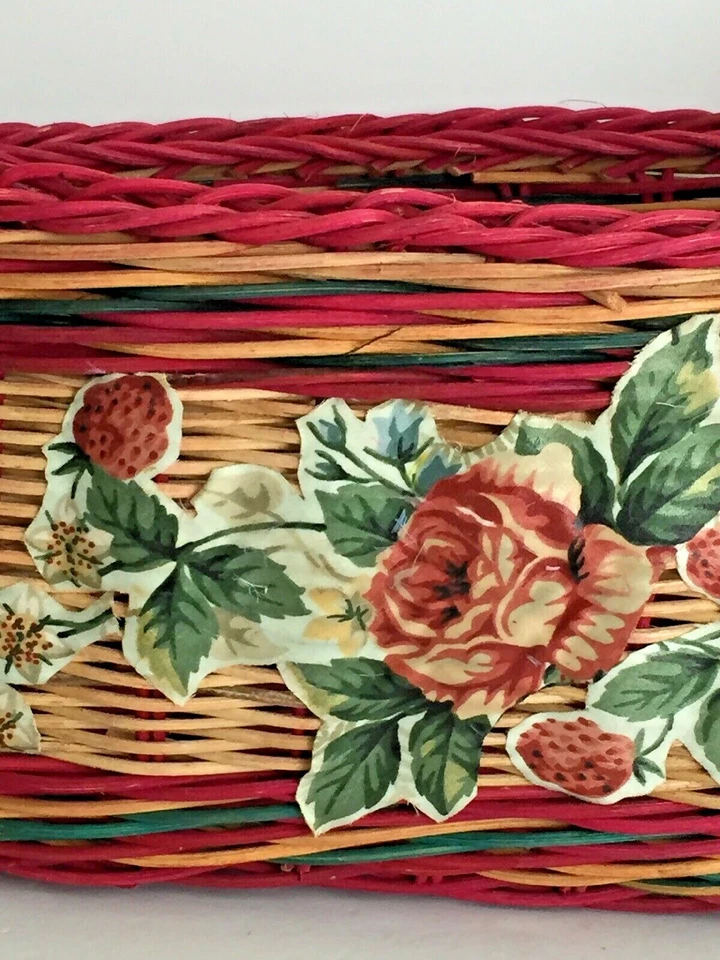  Woven Wicker Rattan Basket Floral Designed Multi Color 2 Handles  7"T x 14"W - Image 3 of 4