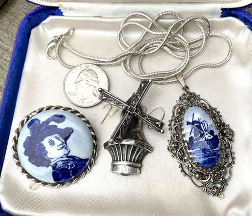 Vintage BLUE DUTCH DELFT POTTERY, LANG STERLING Pendant Pins REMBRANDT WINDMILLS - Picture 2 of 9