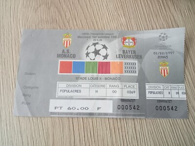 Ticket Thierry Henry Champions League Debut AS Monaco vs Bayer Leverkusen 1997