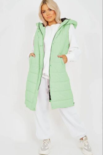 Ladies Long Line Padded Puffer Gilet Jacket Side Zips Pocket Hooded Body Warmer - Picture 2 of 16