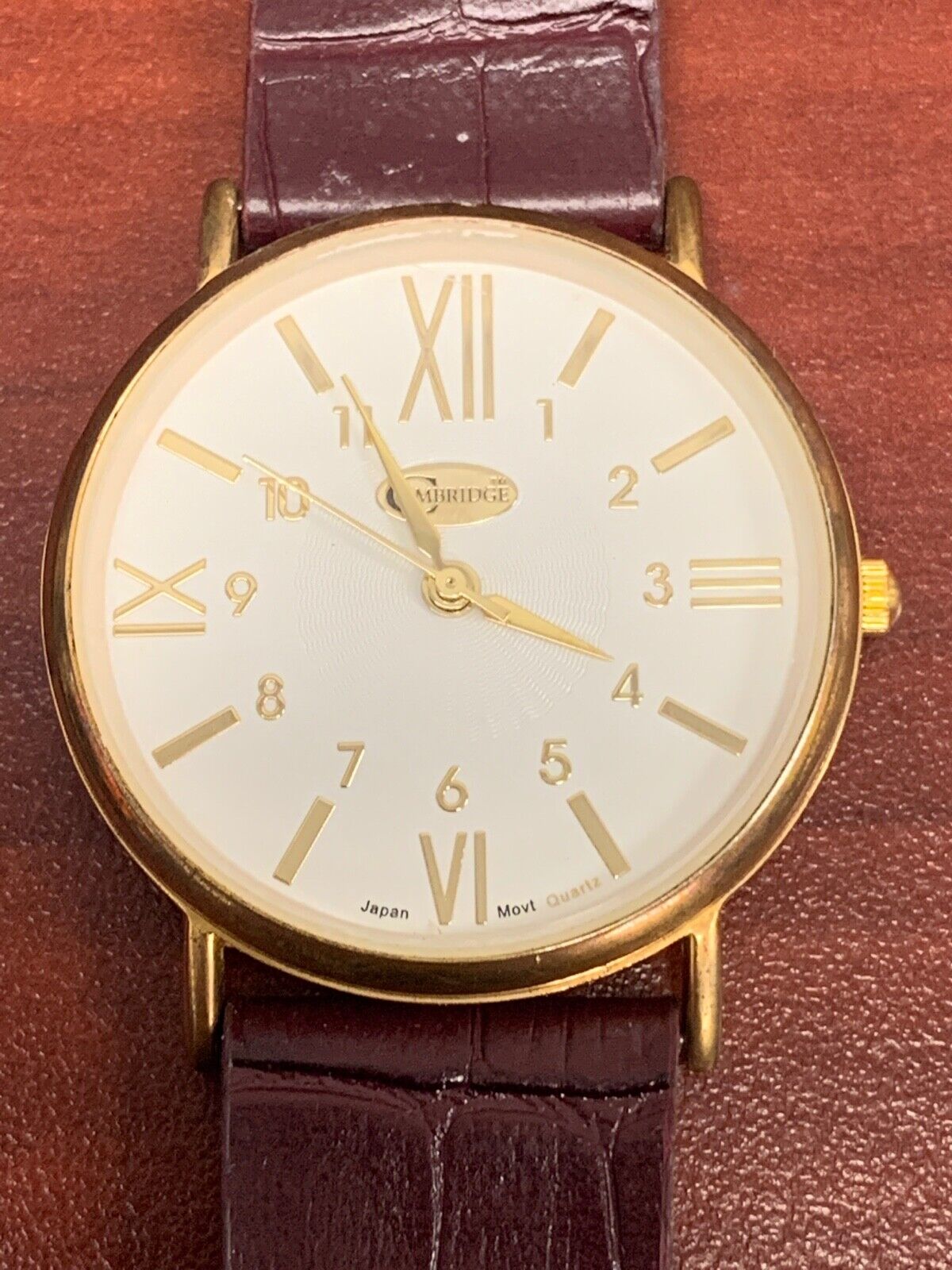 Men's Cambridge Gold Tone/White Face With Burgundy Strap And New Battery