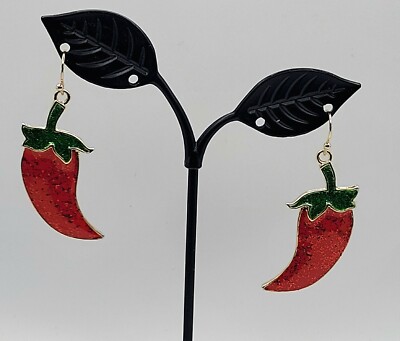 New Cute Hot Red Chili Pepper Enamel and Subtle Glitter Earrings Fiesta Party