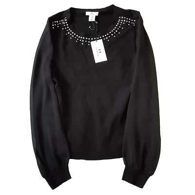 Halston Sweater Top Womens Black Medium Mesh Long Sheer Sleeves New