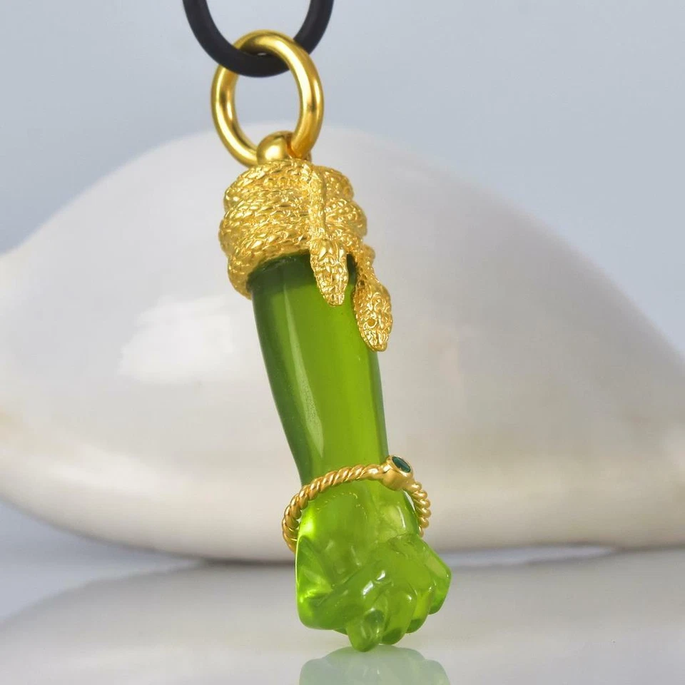 Gold Vermeil Sterling Mano Fico Figa Anhänger Geschnitzt Chalzedon Smaragd 10.63 - Bild 3 von 4