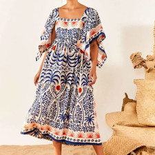 Afternoon Breeze Caftan Midi-Dress by Farm Rio in White Blue and Red
