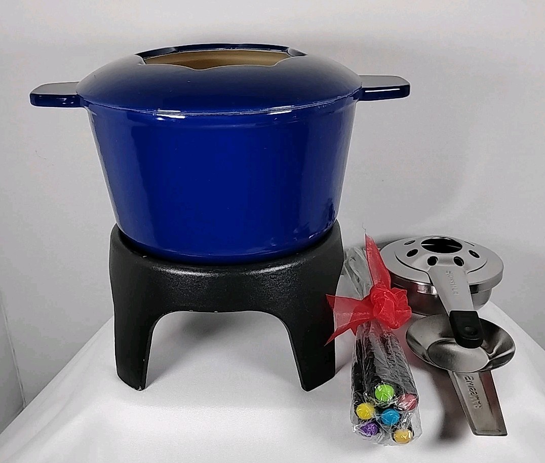 Swissmar Blue Enameled Cast Iron Fondue Pot With Stand, Top, and Fondue Forks
