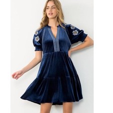 Anthropologie THML Babydoll Peasant Dress Blue Velvet Floral Coquette Milkmaid S