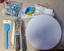 Cake Decorating Turntable Kit w/ Accessories, Round Plastic, White, Blue/Black