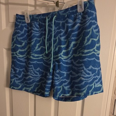 Huk Performance Fishing Athletic Shorts Blue Wave Pattern Mesh Cargo Size M