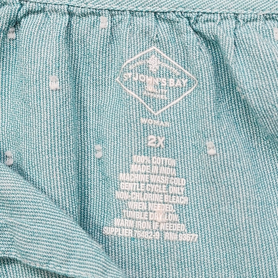 Top de mujer St. John's Bay 2X azul punto suizo corbata delantera campesina manga larga algodón Foto 4 de 4