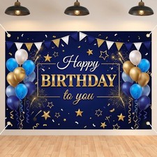 Happy Birthday Backdrop Banner for Photo Booth, 59 X 39 Inches, Blue Gold