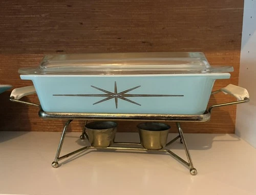 Rare Pyrex Atomic Starburst 2 QT Dish W/Glass Lid and Stand Warmer