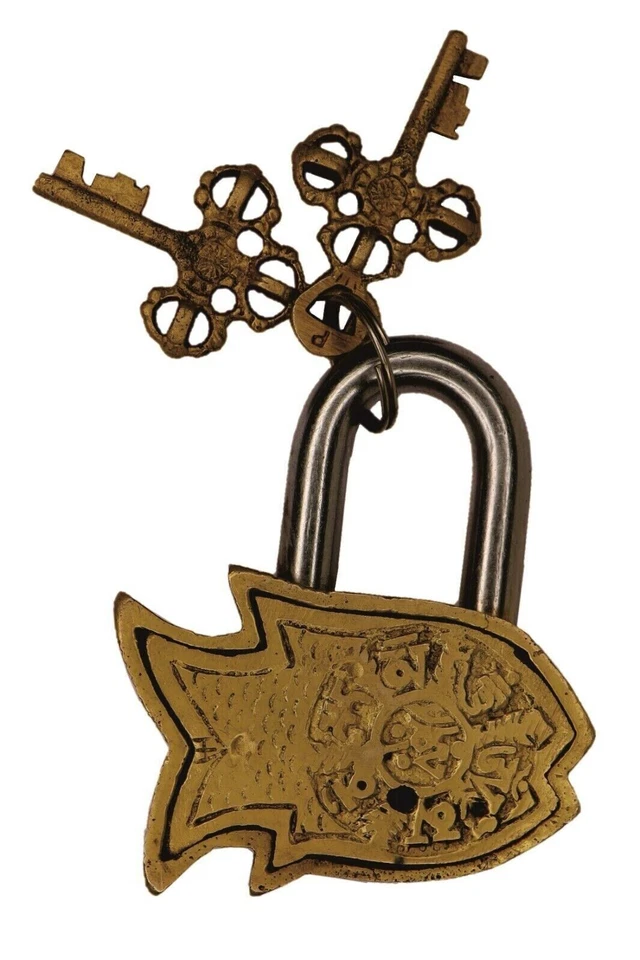 Candado de latón antiguo diseño pez estilo vintage hecho a mano cerradura de latón decoración del hogar Foto 2 de 4
